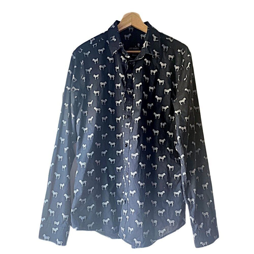 Zebra Pattern Navy H&M Button Down Shirt Size Men's Large Slim‎ Fit
